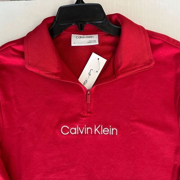 Calvin Klein Mens Sz M Chili Pepper Relaxed French Terry 1/4-Zip Logo Sweatshirt - Picture 4 of 7